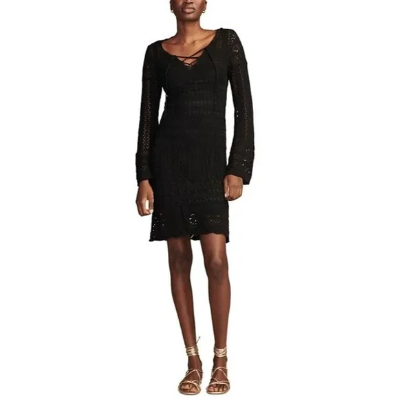 Lucky Brand Women's Festival Cotton Long-Sleeve Lace-Up Crochet Dress - Dark Black - Size XL